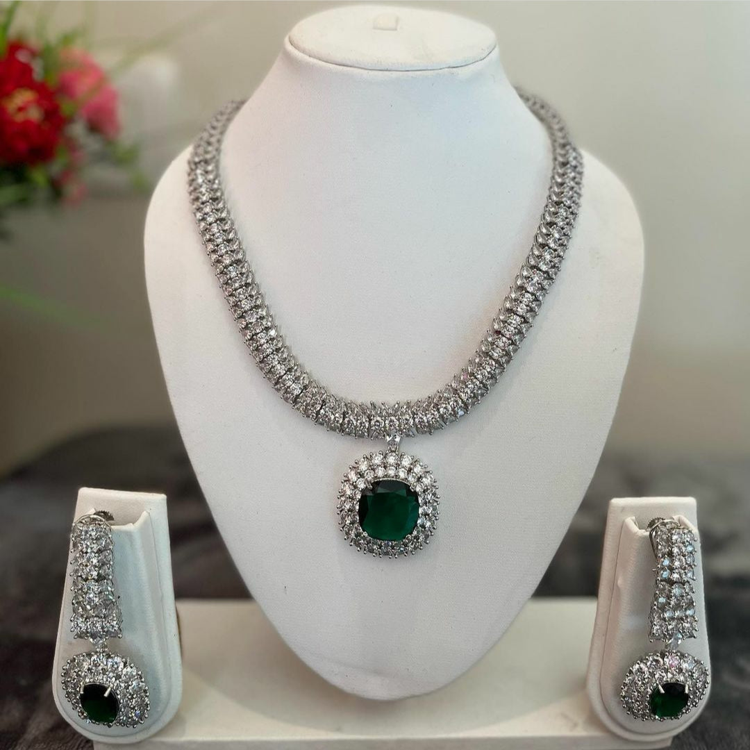 NJNS119 - Stunning Emerald Diamante Necklace set