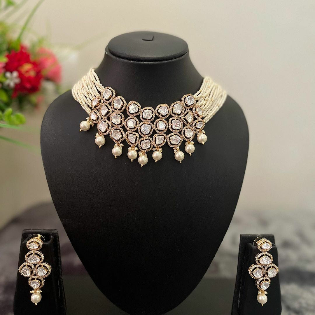 NJNS160 - Handmade Moissanite Polki Necklace set